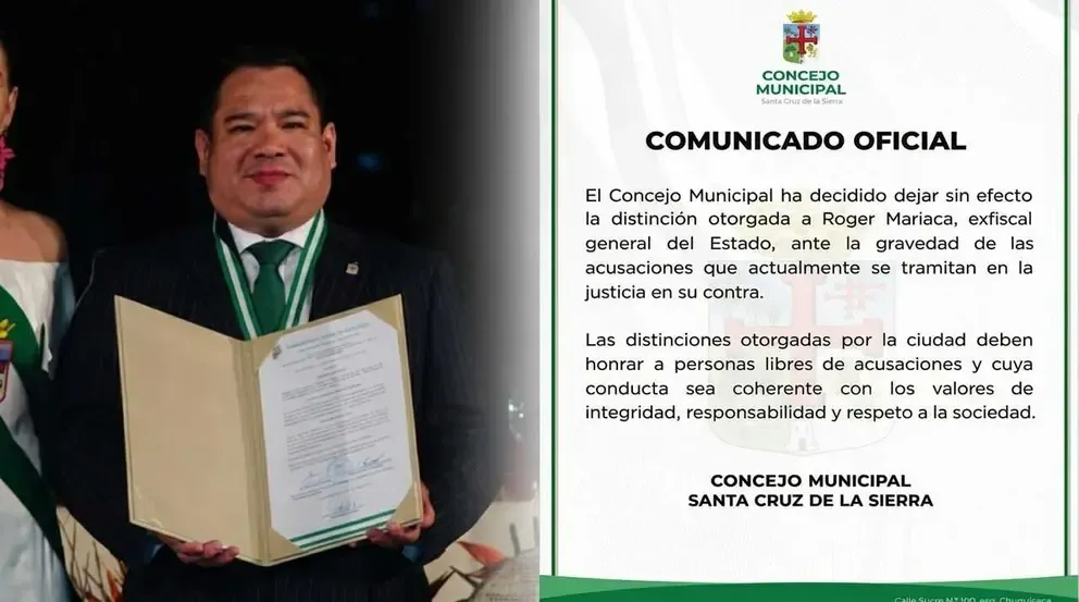 Concejo Municipal de Santa Cruz deja sin efecto distinción otorgada a Roger Mariaca.