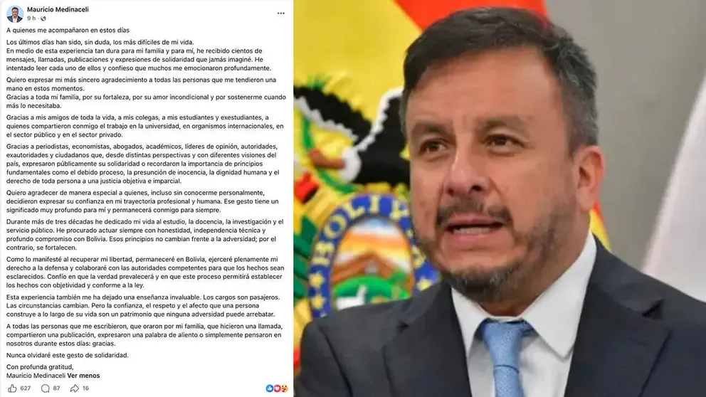 Medinaceli, tras obtener detención domiciliaria: “Los cargos son pasajeros, pero la confianza no se arrebata”